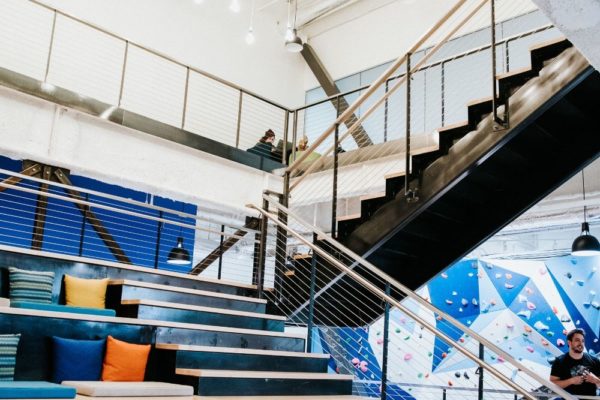 Staircase sitting area in Lucid company office space in South Jordan Utah