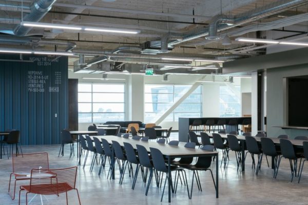 modern industrial office break room in Lehi, Utah