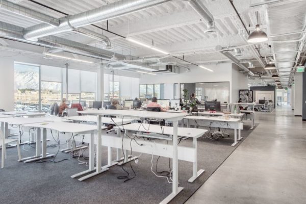 commercial office desk area with automatic standing desks